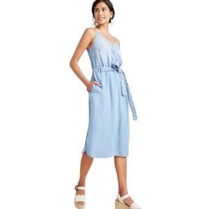 Cloth & Stone XS Blue Chambray Midi Dress W/ Pockets & Belt Summer Beach Date
